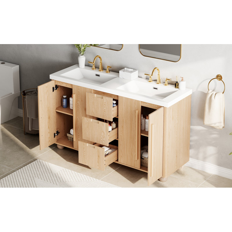 Ensemble de meuble-lavabo double 59,1 po avec lavabos en résine, grain de bois naturel, 4 portes à fermeture douce et 3 tiroirs, autoportant