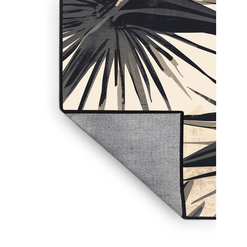 Machine Washable Oyan Heliconia Tropical Starburst Rug in Beige – Black Binding, 3' Round