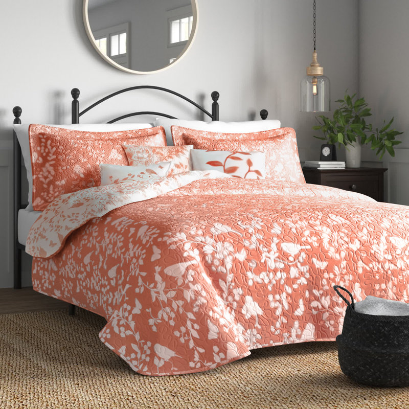 6 Piece Printed Microfiber Quilt Set, Oversize King Coverlet+2 King Sham+3 Throw Pillow, Coral