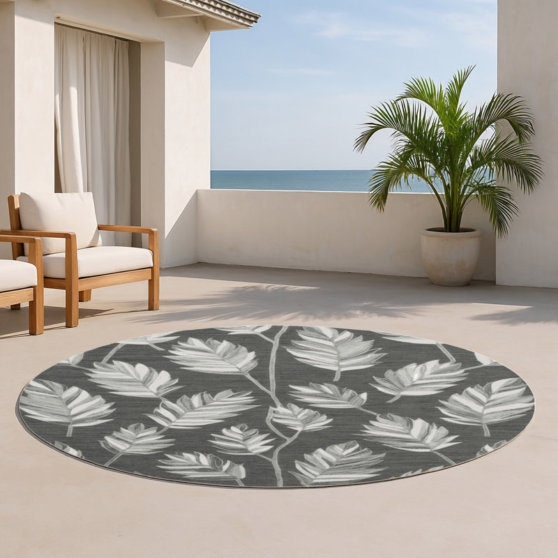 Botanical Gray Indoor and Outdoor Area Rug, Round 5'