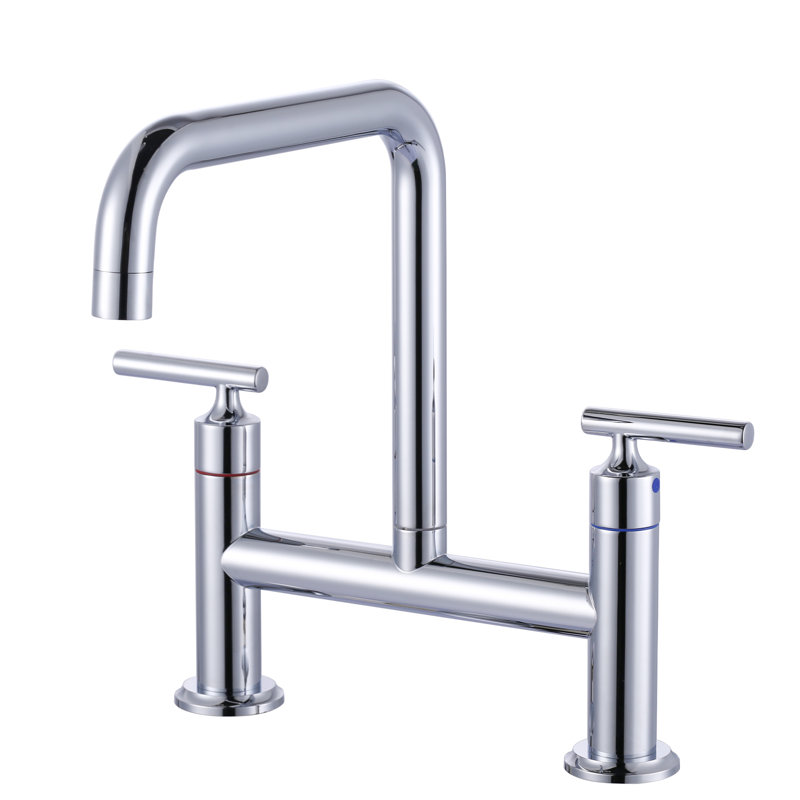 Double Handle 8 Inch Bridge Kitchen Faucet, High Arc Solid Brass 2-Hole Ktichen Faucet, Chrome