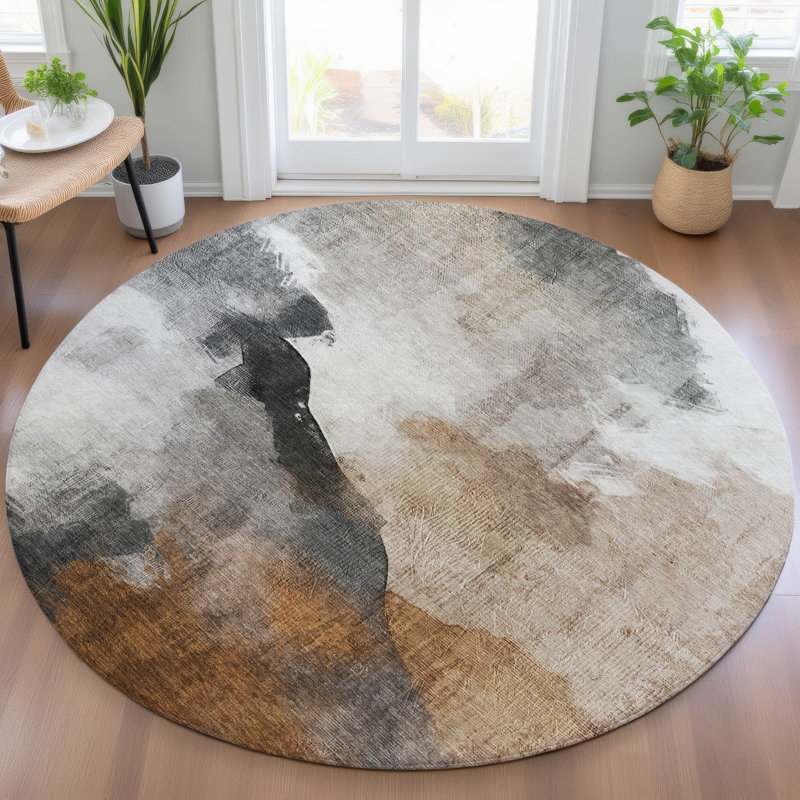 Machine Washable Indoor/Outdoor Xhevrie Paprika Rug, Round 8'