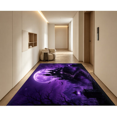Tapis Spooky Halloween Castle, motif de chauve-souris pleine lune, tapis antidérapant de style rétro de style gothique, décoration intérieure pour salon, chambre à coucher, entrée, cuisine, balcon, appartement