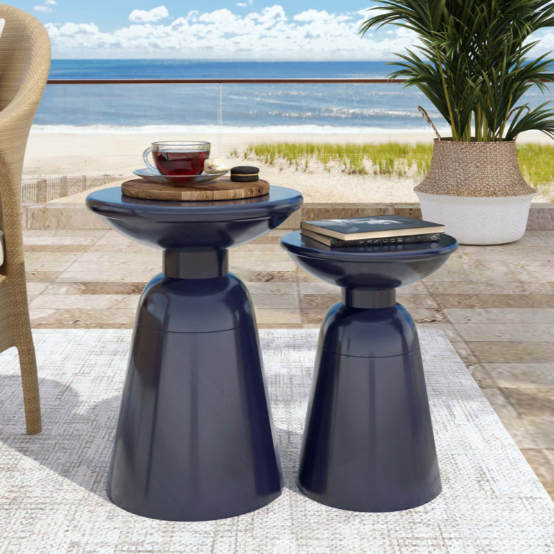 Tables d'appoint d'extérieur en fer avec design évasé, ensemble de 2, Bleu