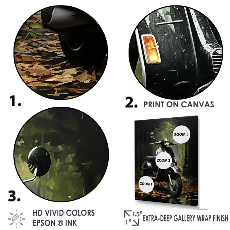 Sentier forestier et scooters sur toile, Cadre doré simple, H 44 po x l 34 po x P 1,5 po