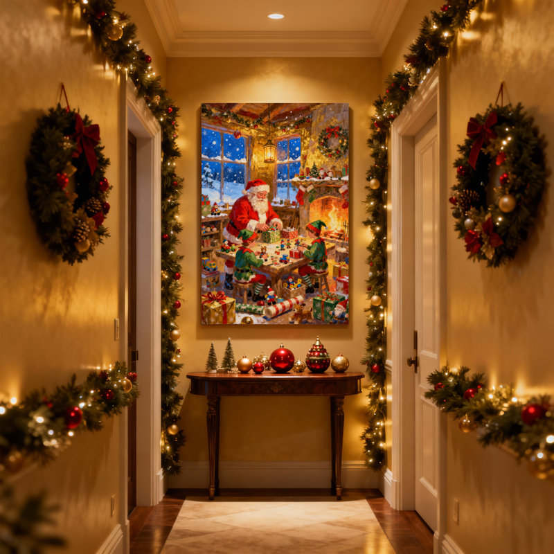 Ensemble de 3 impressions sur toile de Noël, père Noël emballant des cadeaux avec des elfes dans un atelier