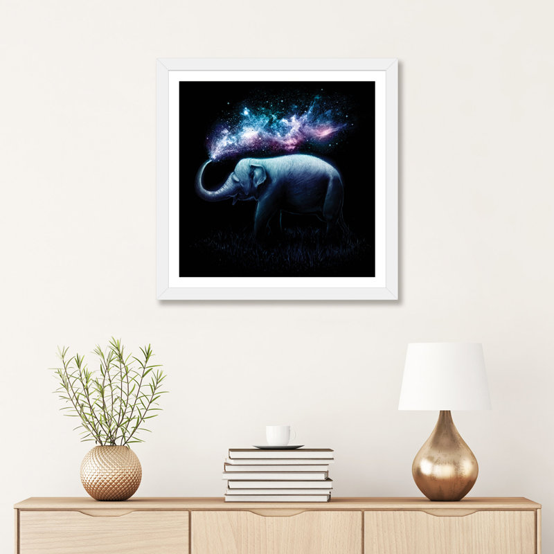 «Elephant Splash» - Impression sur papier avec cadre flottant, H 24 po x l 24 po x p 1 po, Papier beaux-arts encadré blanc