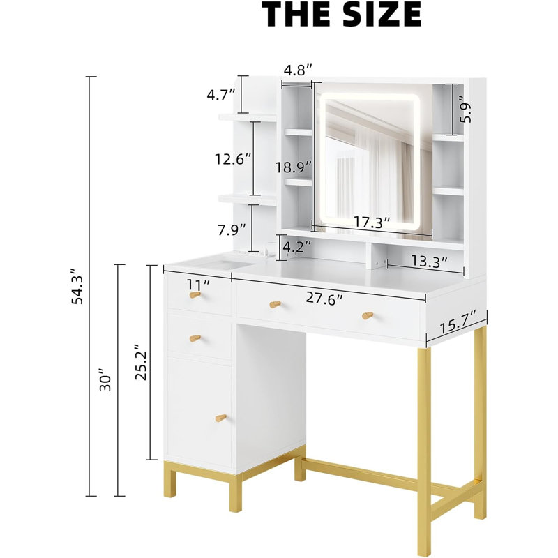 Large Makeup Vanity With Charging Station And Storage Cabinet