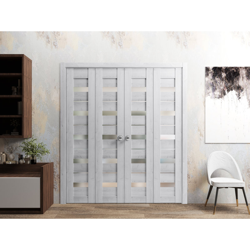 Portes coulissantes doubles pliantes pour placard 96 po x 96 po (4 x 24 x 96 po) Quadro 4445 Blanc nordique avec verre dépoli, rails robustes, moulures, garnitures, quincaillerie, portes de placard en bois massif pour chambre à coucher