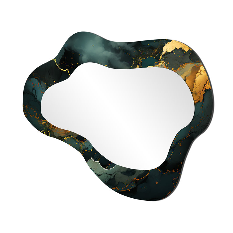 Veura or et marbre vert abstrait Aura III - miroir nuage marbré, miroir mural asymétrique doré unique, impression d'art en métal