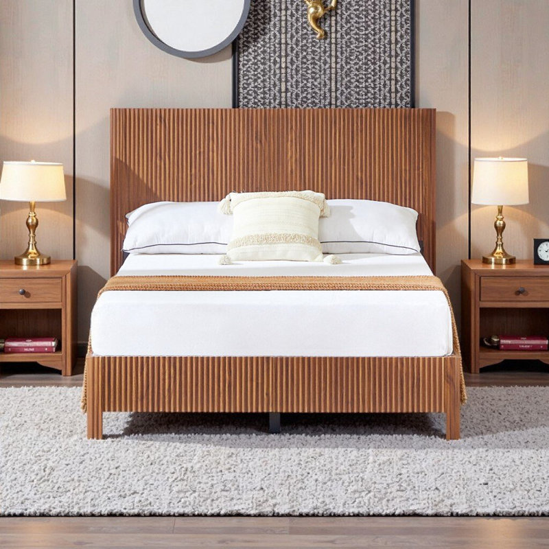 Structure de lit double avec accents en bois ondulé et design incurvé - style campagnard moderne, aucun sommier tapissier requis
