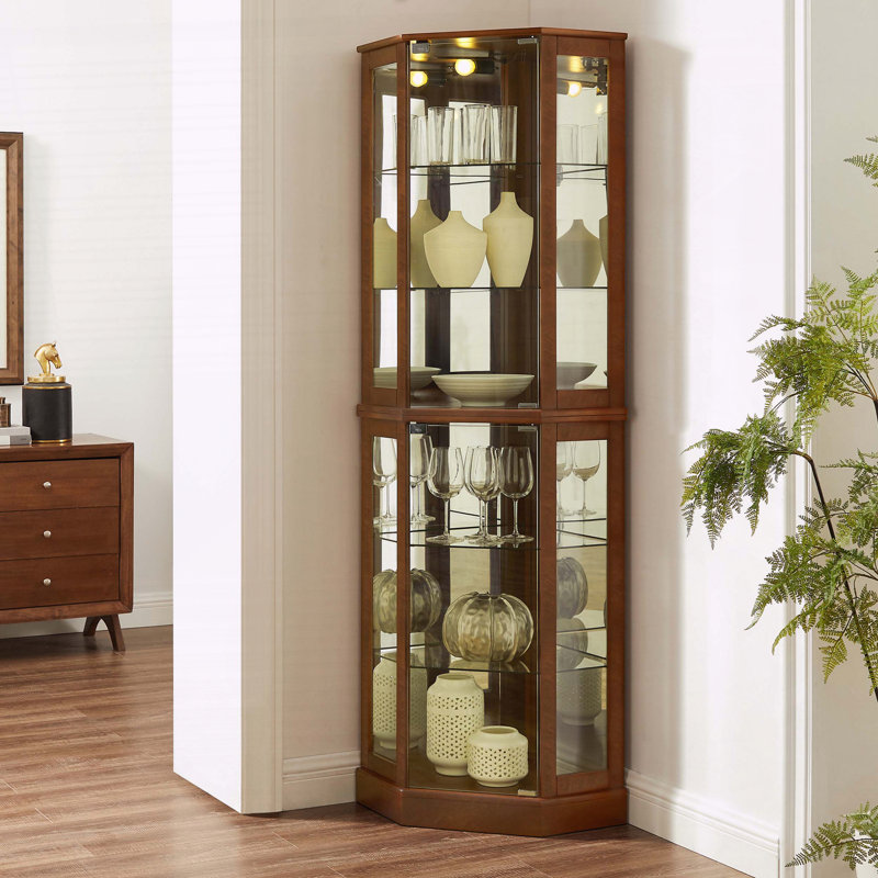 Vitrine de coin à 6 tablettes avec lumières et miroirs, Noyer
