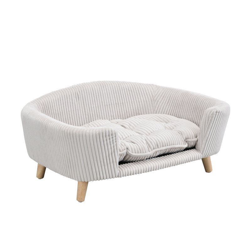 Structure de lit pour chien en velours côtelé surélevé pour petits chiens - Canapé moderne avec pieds en bois d'hévéa et coussin de soutien en mousse, beige
