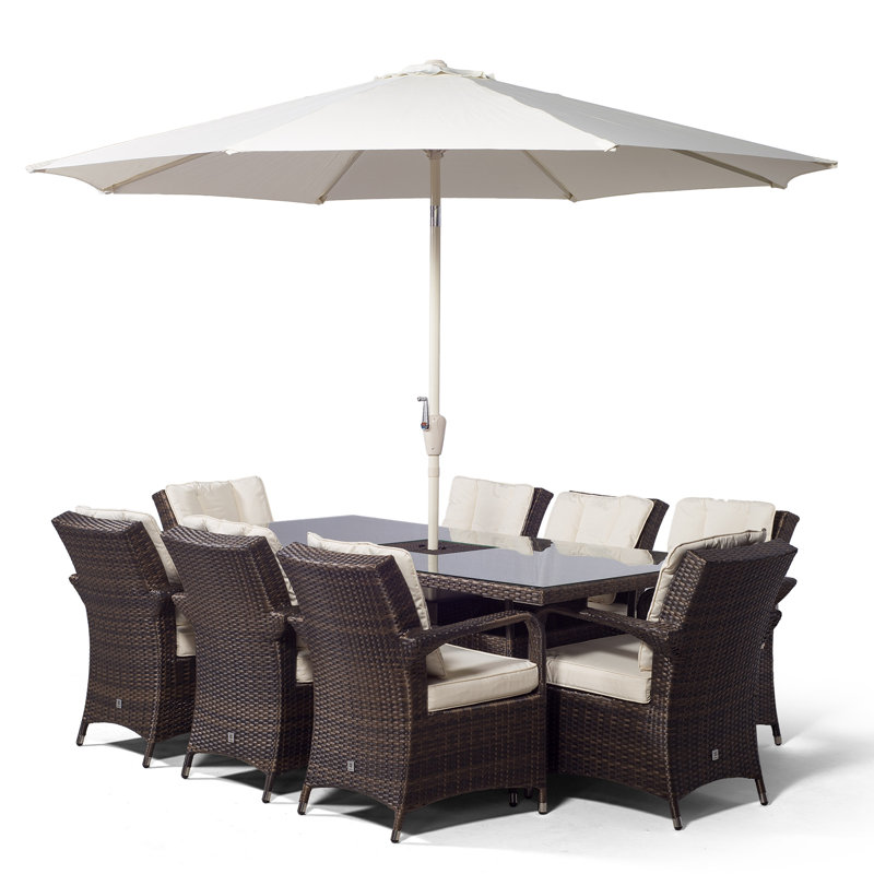 Karas 8 - Person Patio Dining Set Umbrella Hole Included Rectangular Table with Cushions Included, Brown