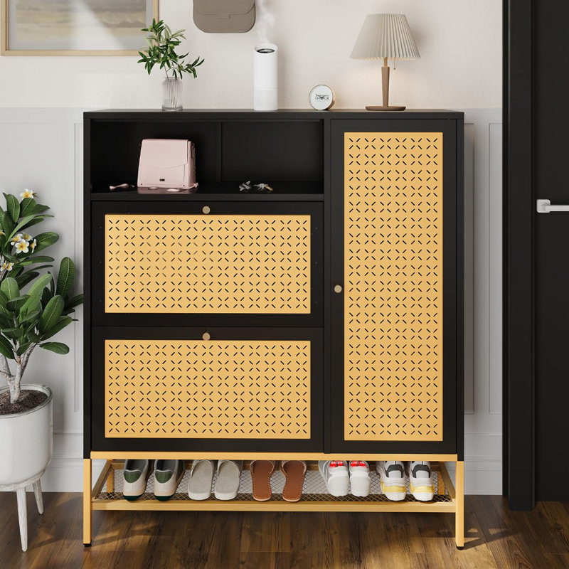 Armoire de rangement pour chaussures avec 2 tiroirs rabattables, Noir, noir, noir, noir