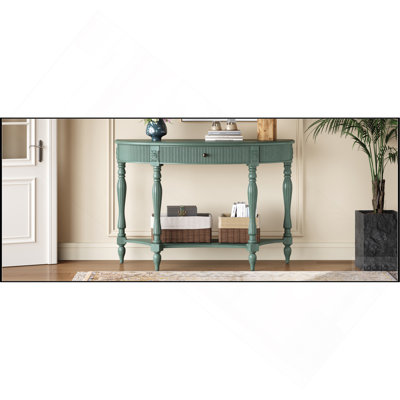 Console demi-lune en bois massif avec tiroir et tablette, table d'entrée incurvée cannelée rétro pour vestibule de couloir, canapé à espace étroit avec pieds sculptés à colonne romaine, vert rustique