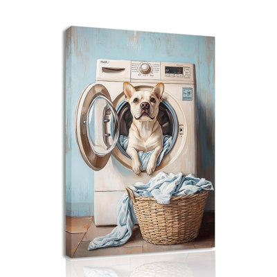Laundry Room Canvas Frame Wall Art Laundry Sign Painting Vintage Funny Dog Artwork Decor For Wash Room Bathroom Laundromat Dry Cleaning Store Inch