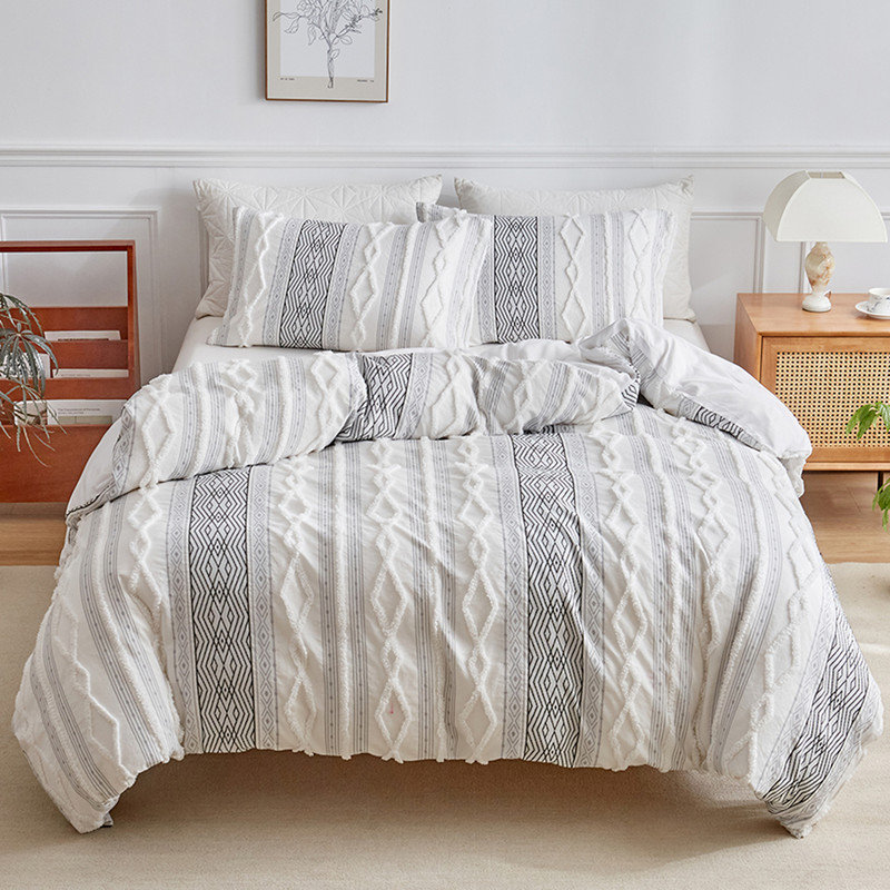 DONEUS Tufted Strip Duvet Cover Set Boho Textured Bedding Set, Queen Duvet Cover + 2 Pillowcases, White Strip