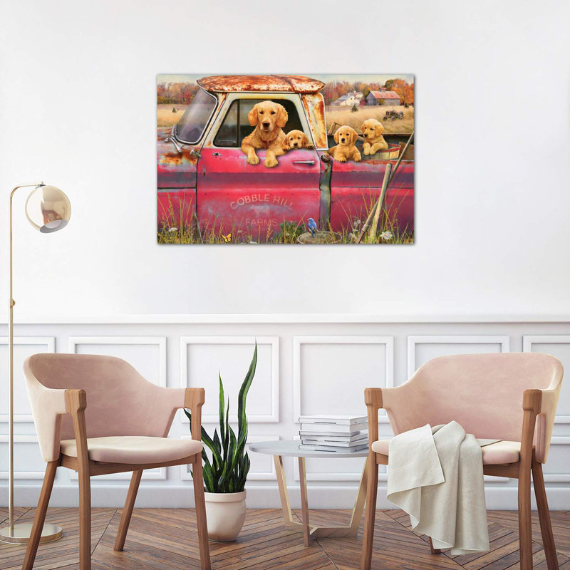 «Goldens And Truck» - Imprimé, H 8 po x l 12 po x P 0,75 po, Toile tendue