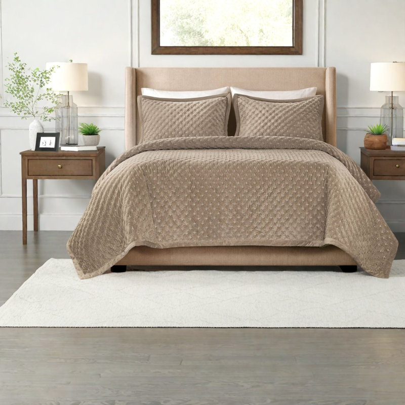 - Ensemble de literie pour très grand lit, couvre-lit matelassé en velours taupe, chambre à coucher moderne