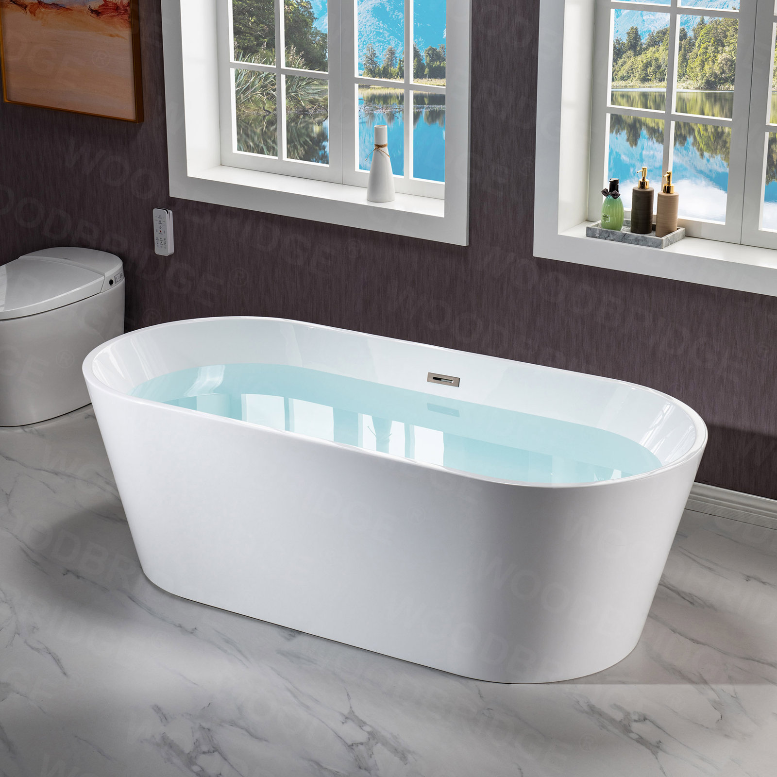 Cove 71" Freestanding Soaking Acrylic Bathtub, White/Brushed Nickel