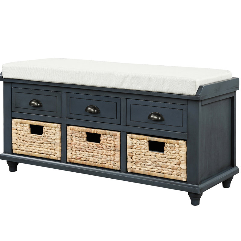 Banc de rangement antique avec 3 tiroirs et cadre en bois stable pour salon et vestibule, Antique Navy