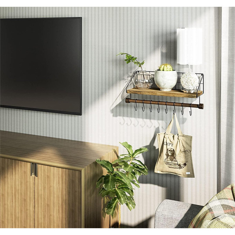 Floating Shelves Wall Shelves For Bedroom, Kitchen Rustic Wood Shelf With Hooks, Black/Brown