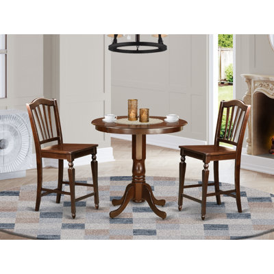 3 Piece Counter Height Dining Table Set Contains a Round Wooden Table with Pedestal and 2 Kitchen Dining Chairs, Mahogany