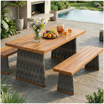 Ensemble repas d'extérieur 3 pièces en bois d'acacia avec pieds en rotin tissé à la main, gris