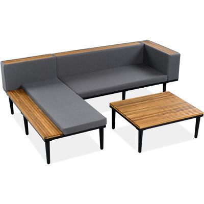 Mobilier de jardin en bois gris en forme de L avec coussins amovibles, table basse, coin salon extérieur pour jardin ou véranda - Pieds renforcés, table pratique