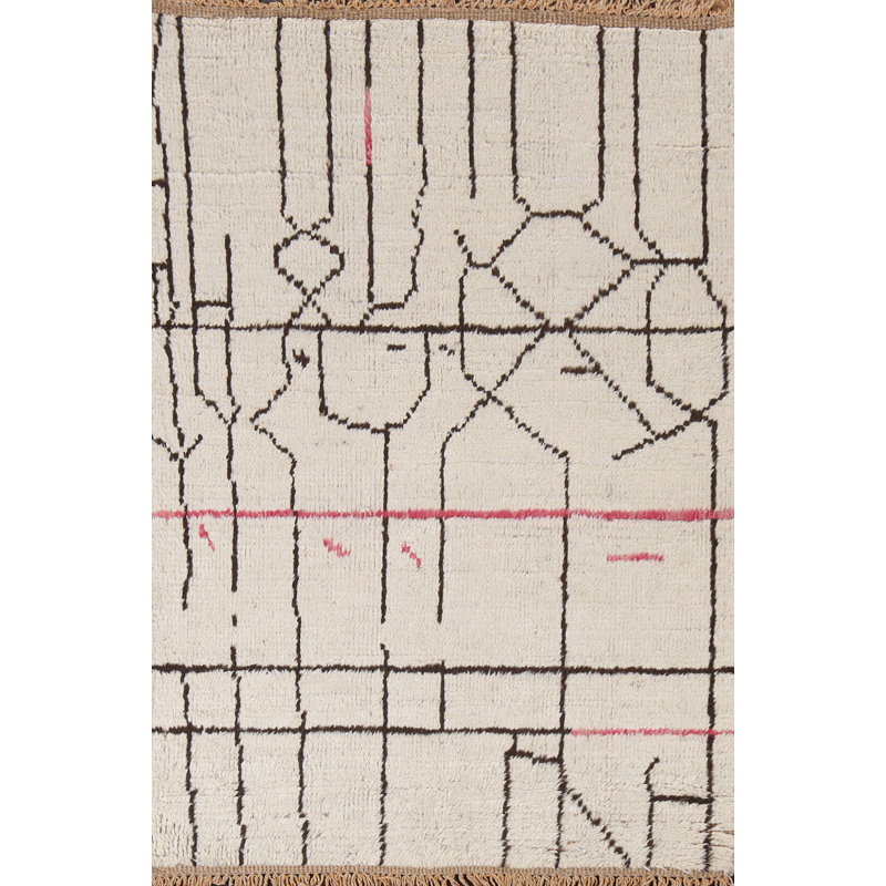 Tapis ivoire en laine noué à la main de conception unique 4 pi 2 po x 6 pi 5 po