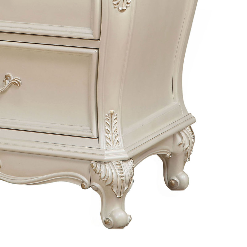 Table de chevet 2 tiroirs Pearl White avec pieds Queen Anne