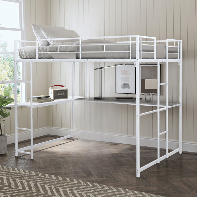 Lit mezzanine double de style contemporain avec deux échelles et structure en métal, blanc