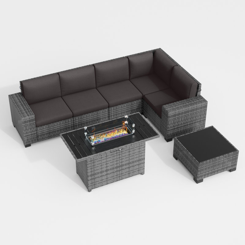 5 - Person Outdoor Rattan Sectional Seating Group with Fire Pit, Black Cushion/Gray Frame