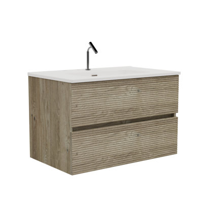 30" Wall Mounted Rough Oak&Rough Oak Bathroom Vanity with Integrated Ceramic Sink with Overflow