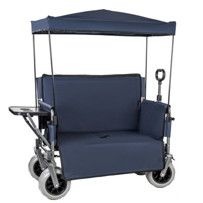 3-In-1 Collapsible Wagon Converts To Bench Convertible Folding Wagon Cart With Canopy &Rear-Mounted Folding Tabletop, 500Lbs Heavy-Duty, 180L Capacity For Camping, Beach, Garden, Fishing, Dark Blue