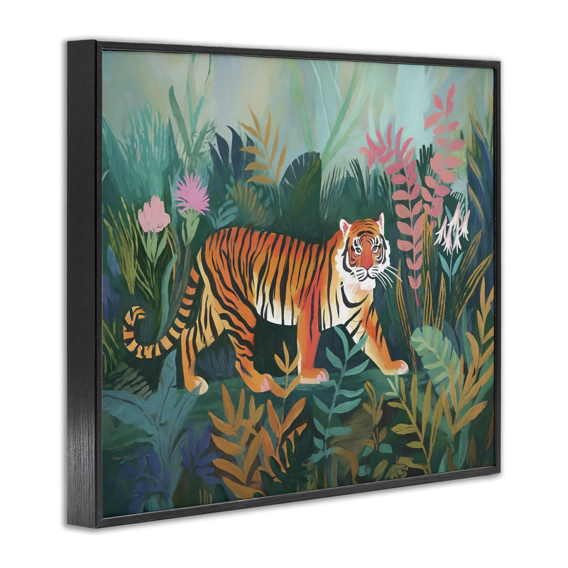 «Tiger in Jungle Leaves», art de la giclée encadrée par Ramona Murdock, H 11 po x l 14 po, Giclée encadrée noir minuit
