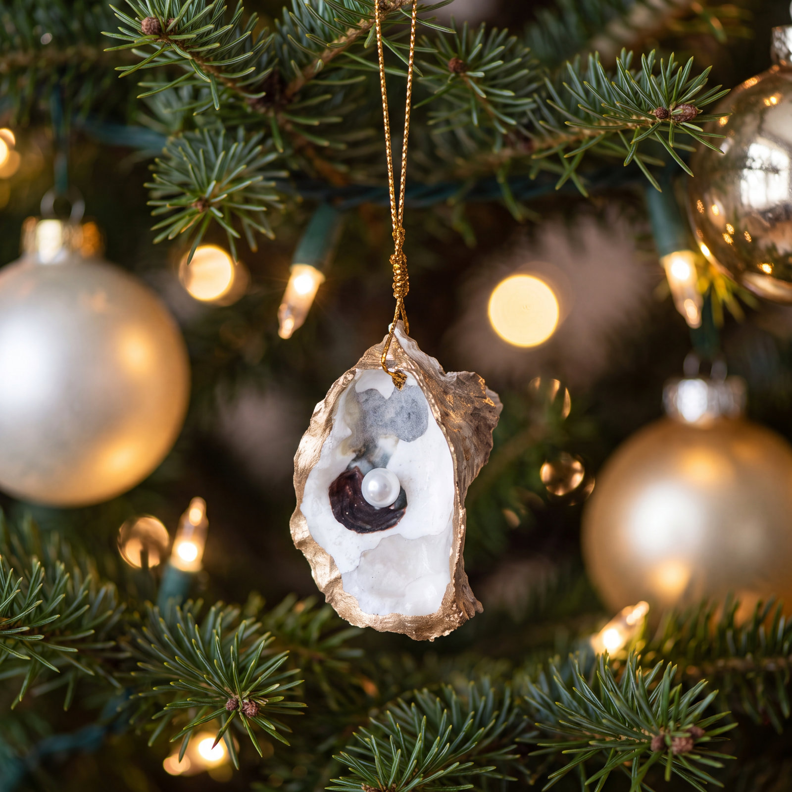 Oyster Shell Ornament With Faux Pearl And Gold Edge