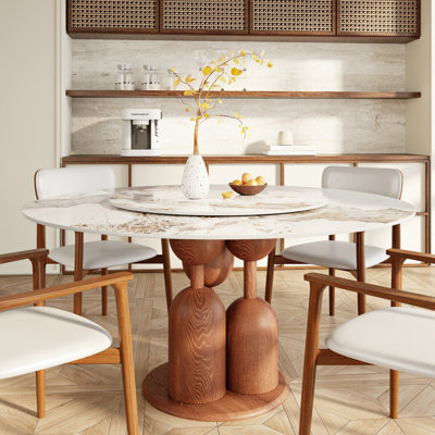 53''/59'' Modern Round Dining Table With 360° Rotating Lazy Susan - Unique Bottle-Shaped Solid Wood Pedestal, One-Step Easy Installation