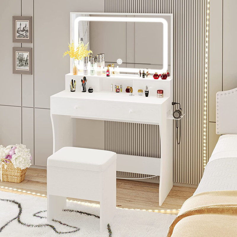 Meuble-lavabo avec grand miroir à DEL Kathryne, 4 tiroirs de tailles différentes et un support de montage supplémentaire, une table de maquillage avec prises pour la chambre à coucher