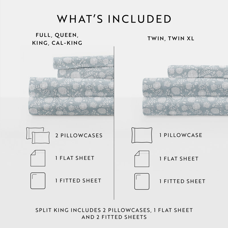 King Size Blue Cotton Floral Deep Pocket Sheet Set