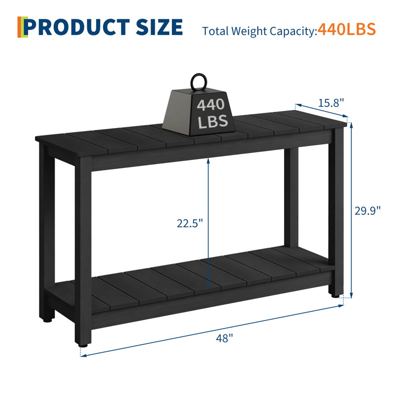 48" Outdoor Console Table with 2 Shelves, Weatherproof Wood Patio Table & Storage Buffet for Porch, Entryway, Garden, Black