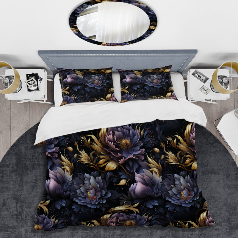 Ensemble de housse de couette à motif floral en polyester microfibre Jayle, Housse de couette pour grand lit et 2 taies décor