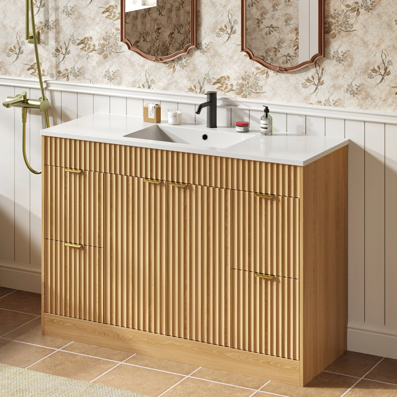 Meuble-lavabo simple en bois avec tiroirs Adonia, Beige
