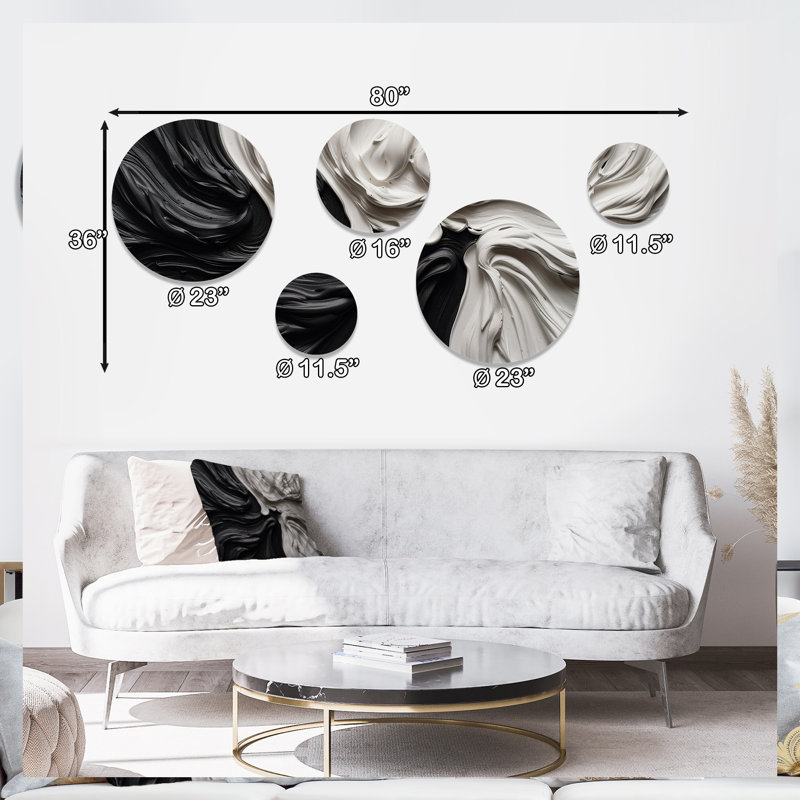5 Black White Marbled Dreamscape IV Round metal Wall Decor