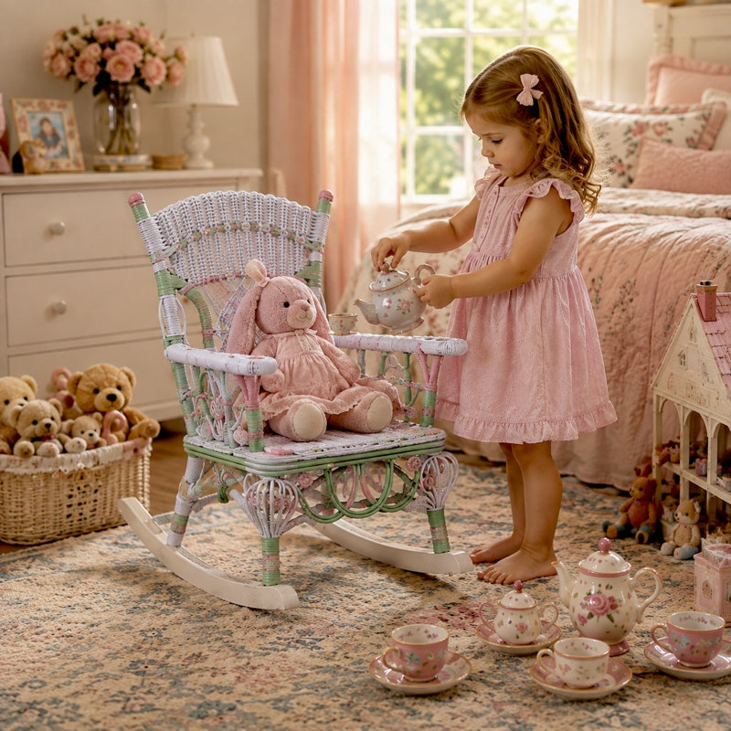 Chaise berçante en osier pour enfant Deas, Rose/blanc