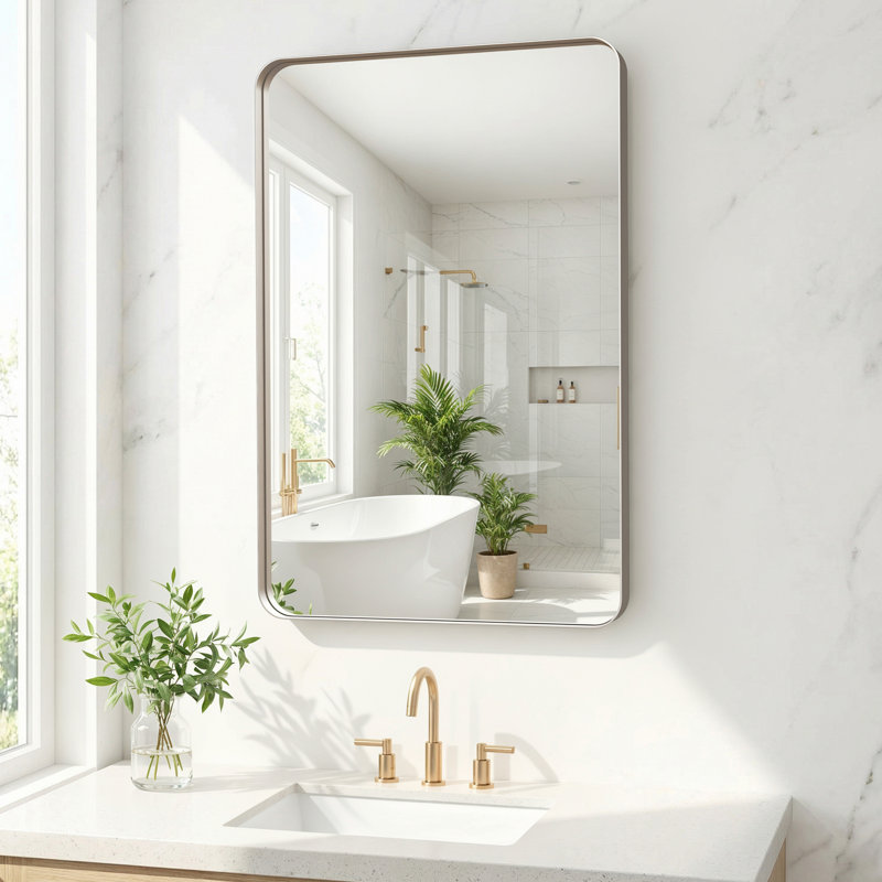 Miroir de salle de bain mural Aevar avec cadre en aluminium et verre trempé, Argent, H 30 po x l 20 po