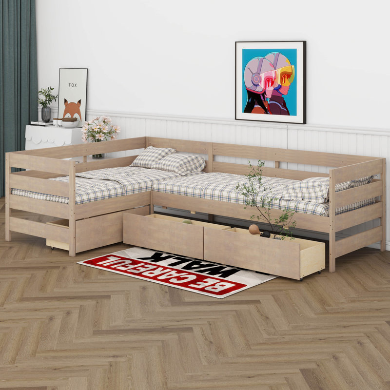 Twin Size L-Shaped Platform Bed For 2, Wood Kids Platform Bed Frame With 3 Storage Drawers And Guardrail, Sturdy Slats Support
