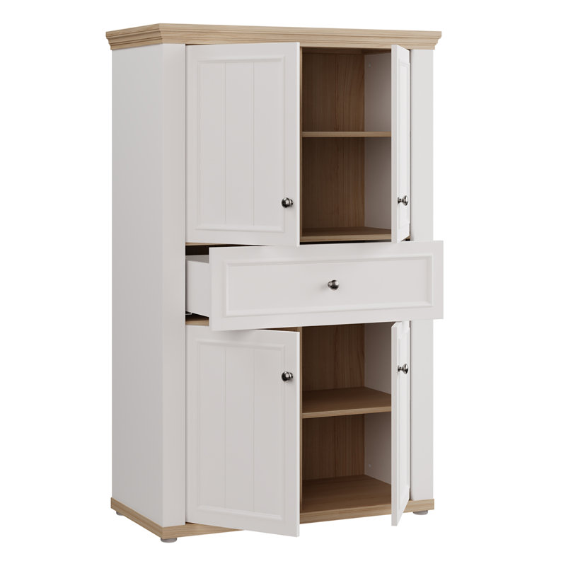 Modern Cottage Style Cabinet Unit, 4-Doors, 1 Drawer, Bathroom, Storage, Engineered Wood, White/Light Oak Decor, 88.5 cm W x 141.6 cm H x 43.5 cm D