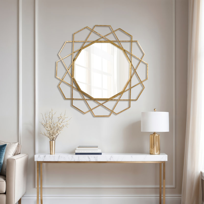 Hesiodos Modern Round Mirror with Geometric Layered Iron Frame, Metal and Glass Wall Decor Accent for Contemporary Interiors